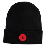 Round Chinese Emblem "longevity" Embroidered Patched 12 Inch Long Knitted Beanie - Black OSFM