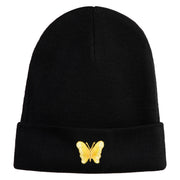 Small Decorative Yellow Butterfly Iron on Patched 12 Inch Long Knitted Beanie - Black OSFM