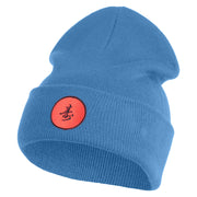 Round Chinese Emblem "longevity" Embroidered Patched 12 Inch Long Knitted Beanie - Sky Blue OSFM