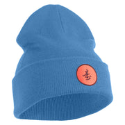 Round Chinese Emblem "longevity" Embroidered Patched 12 Inch Long Knitted Beanie - Sky Blue OSFM