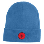 Round Chinese Emblem "longevity" Embroidered Patched 12 Inch Long Knitted Beanie - Sky Blue OSFM