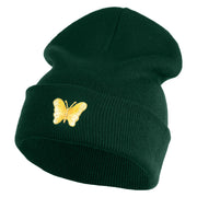 Small Decorative Yellow Butterfly Iron on Patched 12 Inch Long Knitted Beanie - Dark Green OSFM