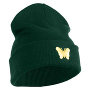 Small Decorative Yellow Butterfly Iron on Patched 12 Inch Long Knitted Beanie - Dark Green OSFM