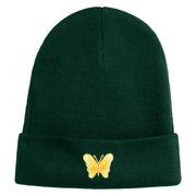 Small Decorative Yellow Butterfly Iron on Patched 12 Inch Long Knitted Beanie - Dark Green OSFM