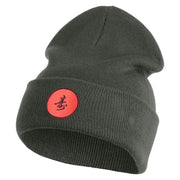Round Chinese Emblem "longevity" Embroidered Patched 12 Inch Long Knitted Beanie - Dark Grey OSFM