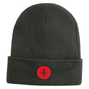 Round Chinese Emblem "longevity" Embroidered Patched 12 Inch Long Knitted Beanie - Dark Grey OSFM