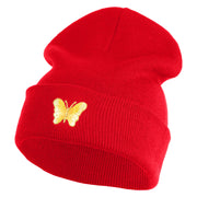 Small Decorative Yellow Butterfly Iron on Patched 12 Inch Long Knitted Beanie - Red OSFM