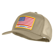 USA Flag 1776 America 2026 Gold Patched Solid Cotton Twill 5 panel Mesh Back Cap - Khaki OSFM