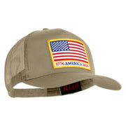 USA Flag 1776 America 2026 Gold Patched Solid Cotton Twill 5 panel Mesh Back Cap - Khaki OSFM
