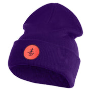 Round Chinese Emblem "longevity" Embroidered Patched 12 Inch Long Knitted Beanie - Purple OSFM