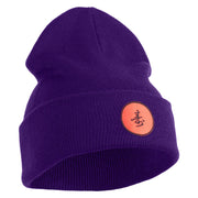 Round Chinese Emblem "longevity" Embroidered Patched 12 Inch Long Knitted Beanie - Purple OSFM