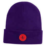 Round Chinese Emblem "longevity" Embroidered Patched 12 Inch Long Knitted Beanie - Purple OSFM