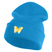 Small Decorative Yellow Butterfly Iron on Patched 12 Inch Long Knitted Beanie - Aqua OSFM