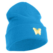 Small Decorative Yellow Butterfly Iron on Patched 12 Inch Long Knitted Beanie - Aqua OSFM