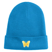 Small Decorative Yellow Butterfly Iron on Patched 12 Inch Long Knitted Beanie - Aqua OSFM