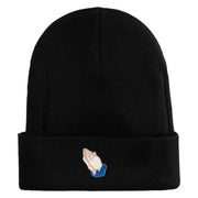 Praying Hands Iron on Embroidered Patched 12 Inch Long Knitted Beanie - Black OSFM