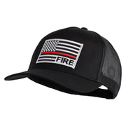 USA Flag Fire Silver Red Patched Solid Cotton Twill 5 panel Mesh Back Cap - Black OSFM