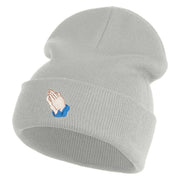 Praying Hands Iron on Embroidered Patched 12 Inch Long Knitted Beanie - Heather Grey OSFM