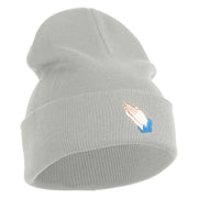 Praying Hands Iron on Embroidered Patched 12 Inch Long Knitted Beanie - Heather Grey OSFM