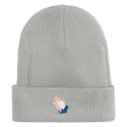 Praying Hands Iron on Embroidered Patched 12 Inch Long Knitted Beanie - Heather Grey OSFM