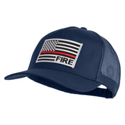USA Flag Fire Silver Red Patched Solid Cotton Twill 5 panel Mesh Back Cap - Navy OSFM