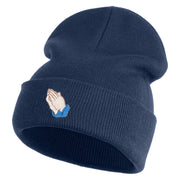 Praying Hands Iron on Embroidered Patched 12 Inch Long Knitted Beanie - Navy OSFM