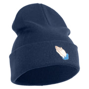 Praying Hands Iron on Embroidered Patched 12 Inch Long Knitted Beanie - Navy OSFM