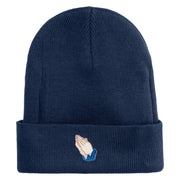 Praying Hands Iron on Embroidered Patched 12 Inch Long Knitted Beanie - Navy OSFM