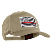 USA Flag Fire Silver Red Patched Solid Cotton Twill 5 panel Mesh Back Cap - Khaki OSFM