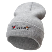 I Love Basketball Embroidered 12 Inch Long Knitted Beanie - Heather-Grey OSFM