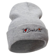 I Love Basketball Embroidered 12 Inch Long Knitted Beanie - Heather-Grey OSFM