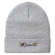 I Love Basketball Embroidered 12 Inch Long Knitted Beanie - Heather-Grey OSFM