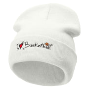 I Love Basketball Embroidered 12 Inch Long Knitted Beanie - White OSFM