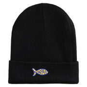 Jesus Fish Religious Iron on Patched 12 Inch Long Knitted Beanie - Black OSFM