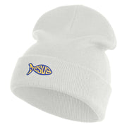 Jesus Fish Religious Iron on Patched 12 Inch Long Knitted Beanie - White OSFM
