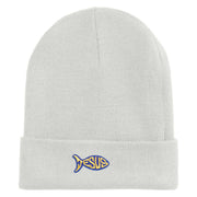 Jesus Fish Religious Iron on Patched 12 Inch Long Knitted Beanie - White OSFM