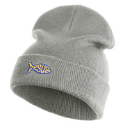 Jesus Fish Religious Iron on Patched 12 Inch Long Knitted Beanie - Heather Grey OSFM