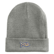 Jesus Fish Religious Iron on Patched 12 Inch Long Knitted Beanie - Heather Grey OSFM