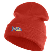 Jesus Fish Religious Iron on Patched 12 Inch Long Knitted Beanie - Rust OSFM