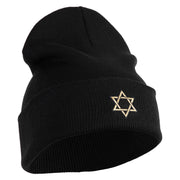 Gold Star of David Iron on Patched 12 Inch Long Knitted Beanie - Black OSFM