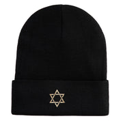 Gold Star of David Iron on Patched 12 Inch Long Knitted Beanie - Black OSFM