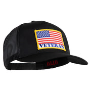 USA Flag Veteran Gold Edge Patched Solid Cotton Twill 5 panel Mesh Back Cap - Black OSFM