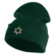 Gold Star of David Iron on Patched 12 Inch Long Knitted Beanie - Dark Green OSFM