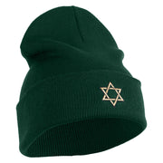 Gold Star of David Iron on Patched 12 Inch Long Knitted Beanie - Dark Green OSFM