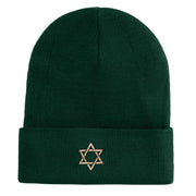 Gold Star of David Iron on Patched 12 Inch Long Knitted Beanie - Dark Green OSFM