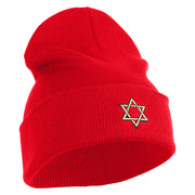 Gold Star of David Iron on Patched 12 Inch Long Knitted Beanie - Red OSFM