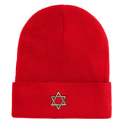 Gold Star of David Iron on Patched 12 Inch Long Knitted Beanie - Red OSFM