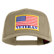 USA Flag Veteran Gold Edge Patched Solid Cotton Twill 5 panel Mesh Back Cap - Khaki OSFM