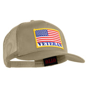 USA Flag Veteran Gold Edge Patched Solid Cotton Twill 5 panel Mesh Back Cap - Khaki OSFM