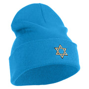 Gold Star of David Iron on Patched 12 Inch Long Knitted Beanie - Aqua OSFM